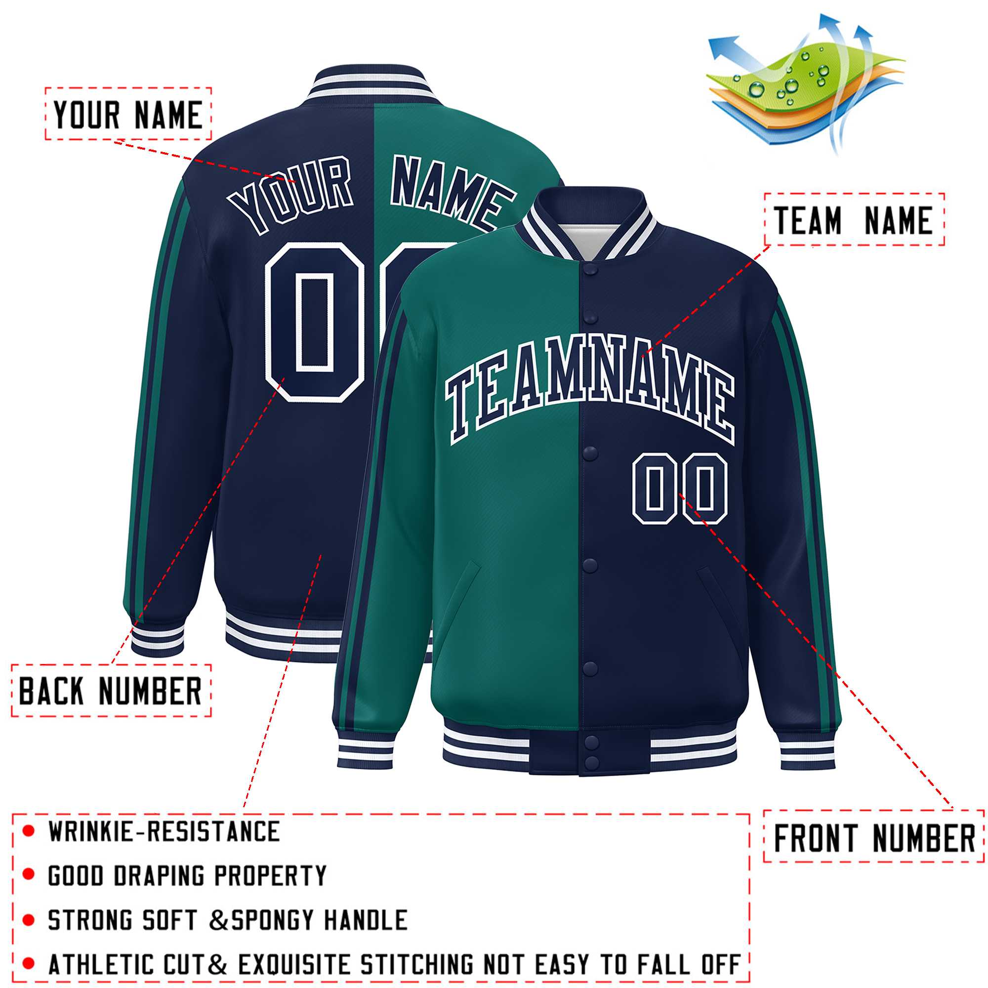 Custom Navy Aqua Two Tone Color Block Bomber Varsity Baseball Jacket