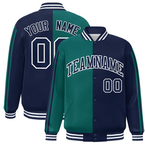 Custom Navy Aqua Two Tone Color Block Bomber Varsity Baseball Jacket