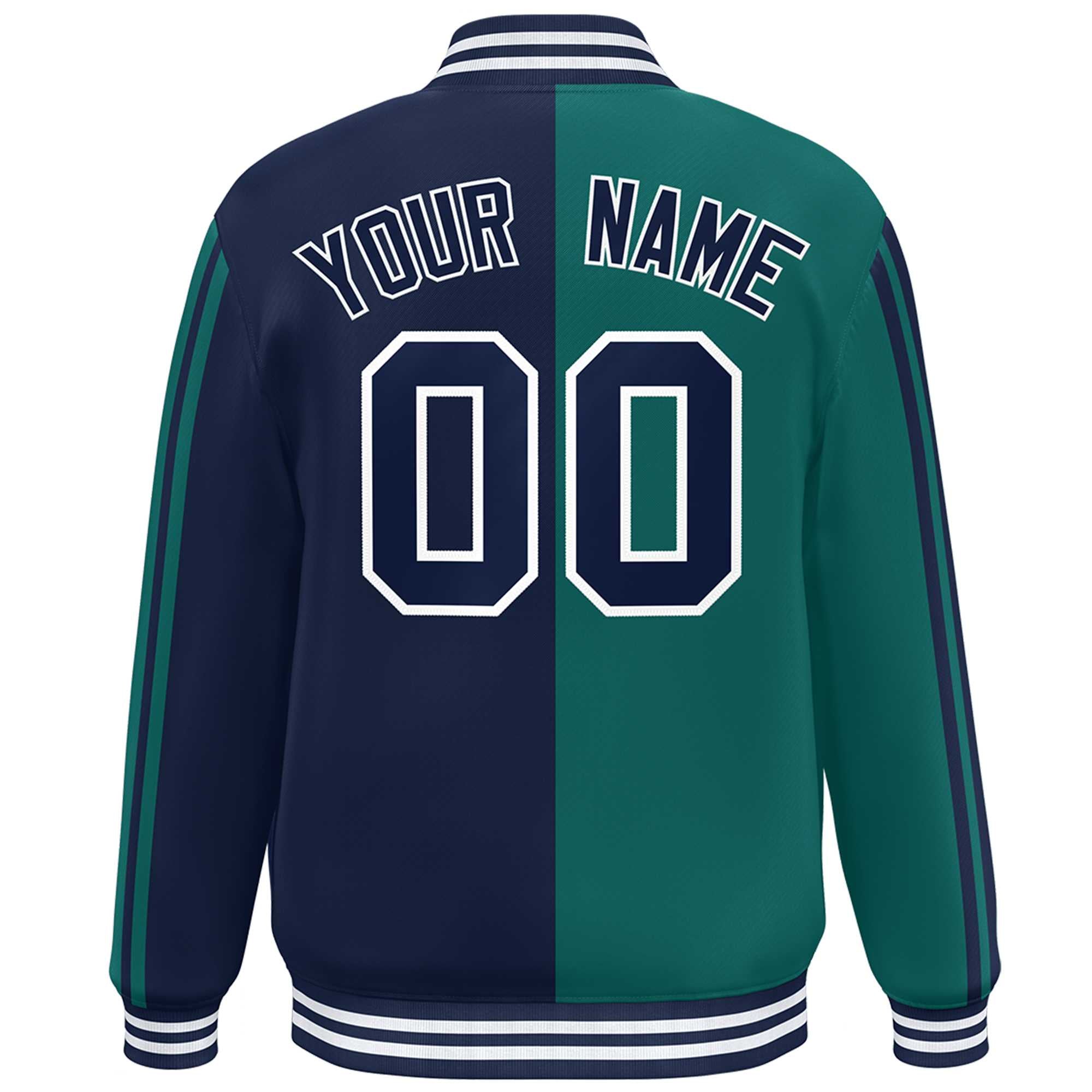 Custom Navy Aqua Two Tone Color Block Bomber Varsity Baseball Jacket