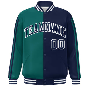 Custom Navy Aqua Two Tone Color Block Bomber Varsity Baseball Jacket