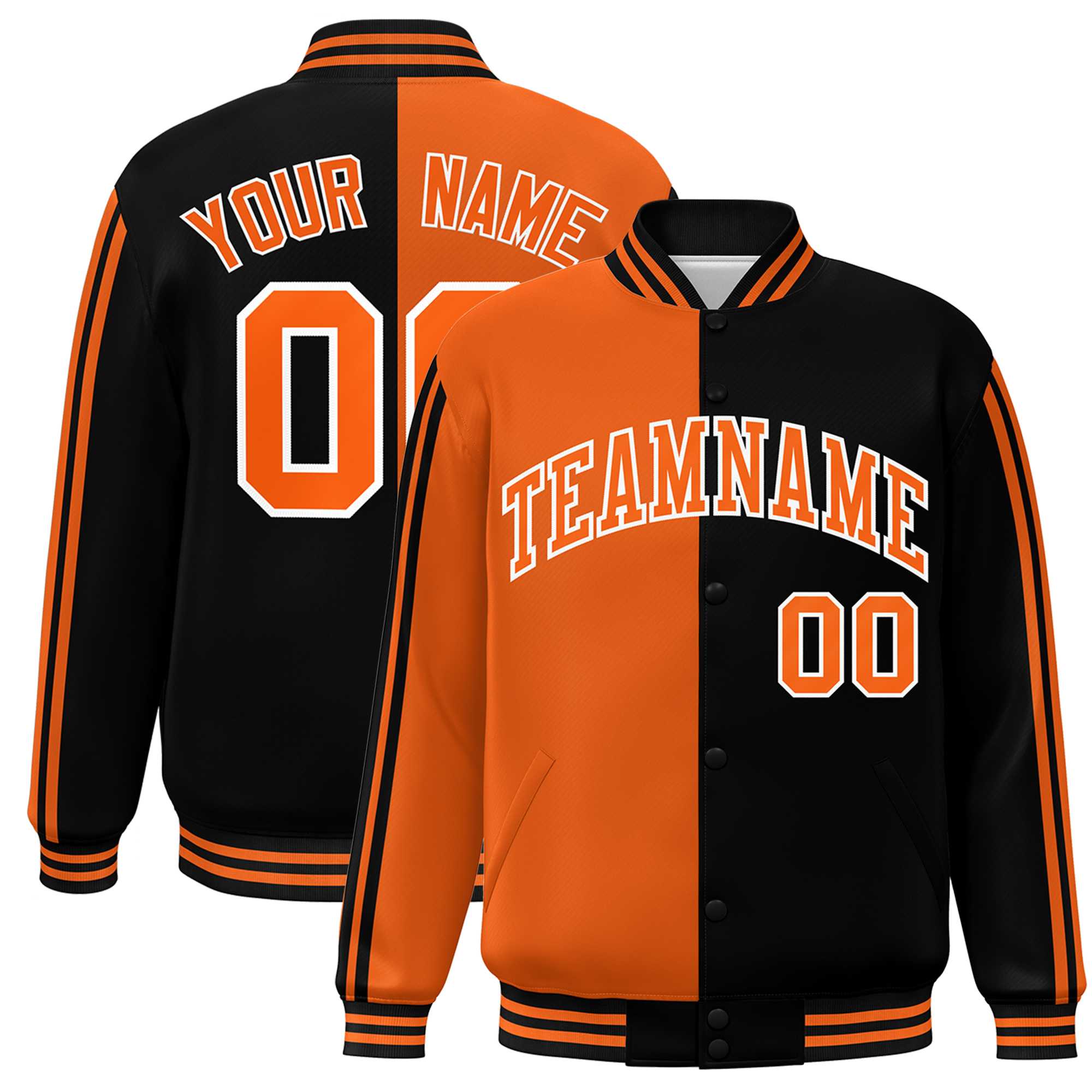 Custom Black Orange Two Tone Color Block Bomber Varsity Baseball Jacket