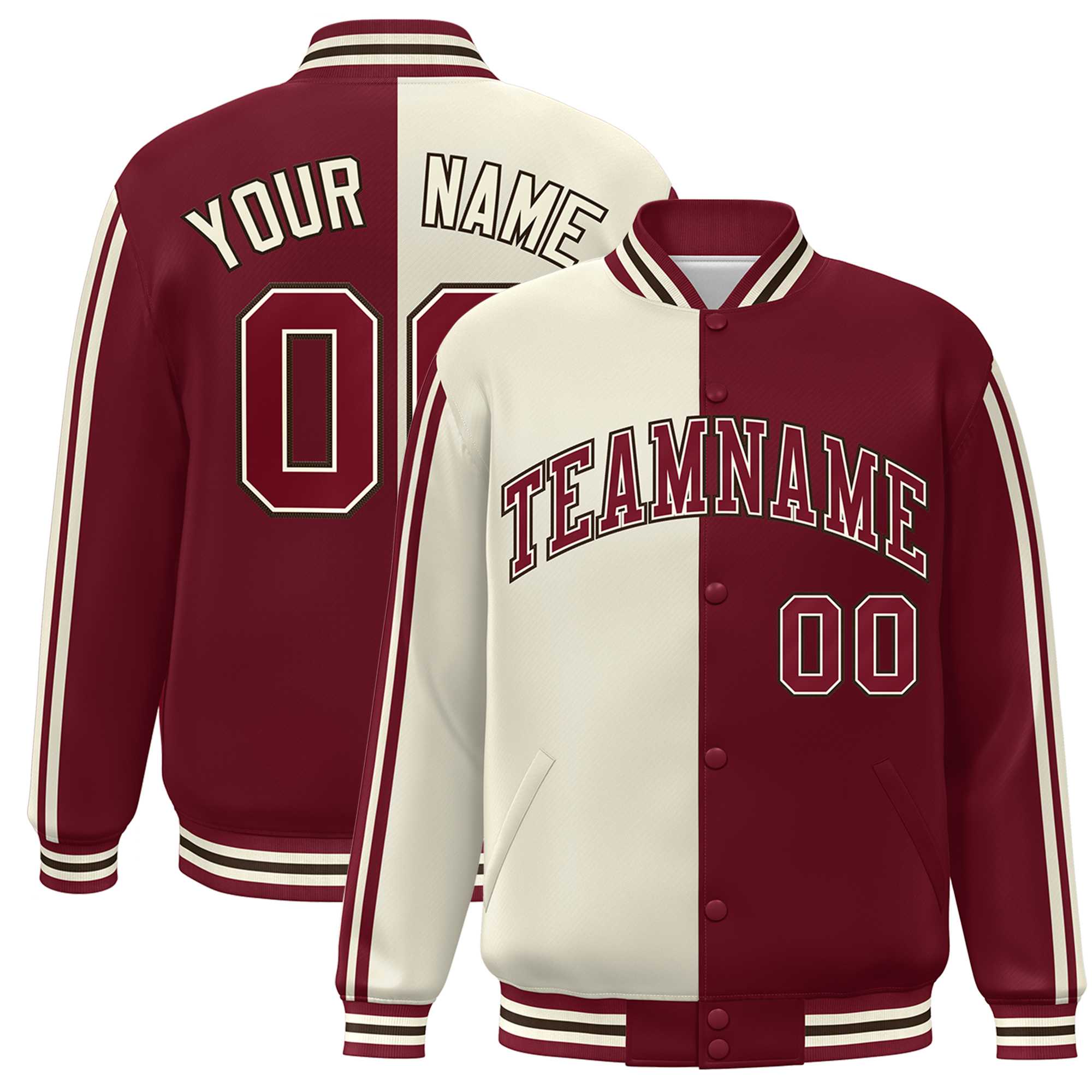 Custom Crimson Cream Two Tone Color Block Bomber Varsity Baseball Jacket