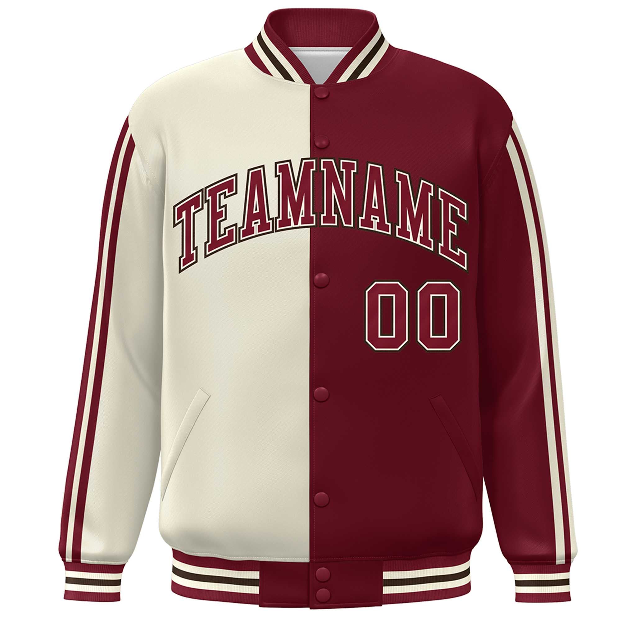 Custom Crimson Cream Two Tone Color Block Bomber Varsity Baseball Jacket