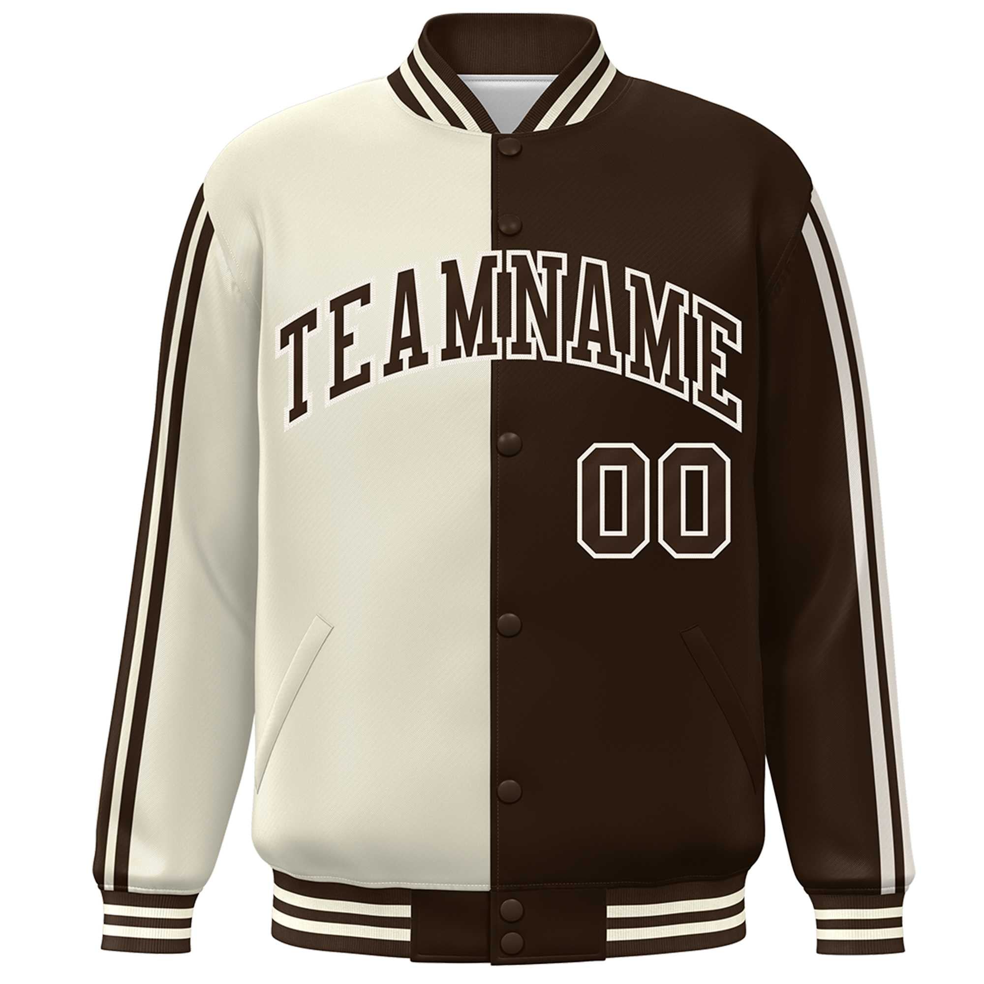 Custom Brown Cream Two Tone Color Block Bomber Varsity Baseball Jacket