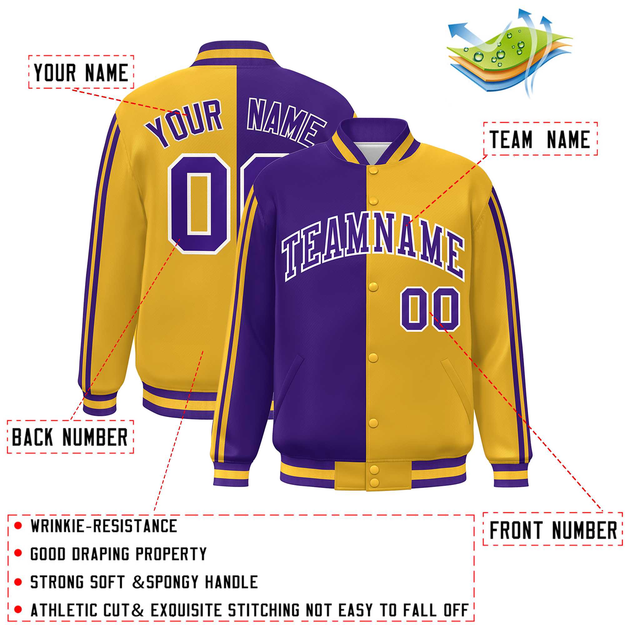 Custom Gold Purple-White Two Tone Color Block Bomber Varsity Baseball Jacket