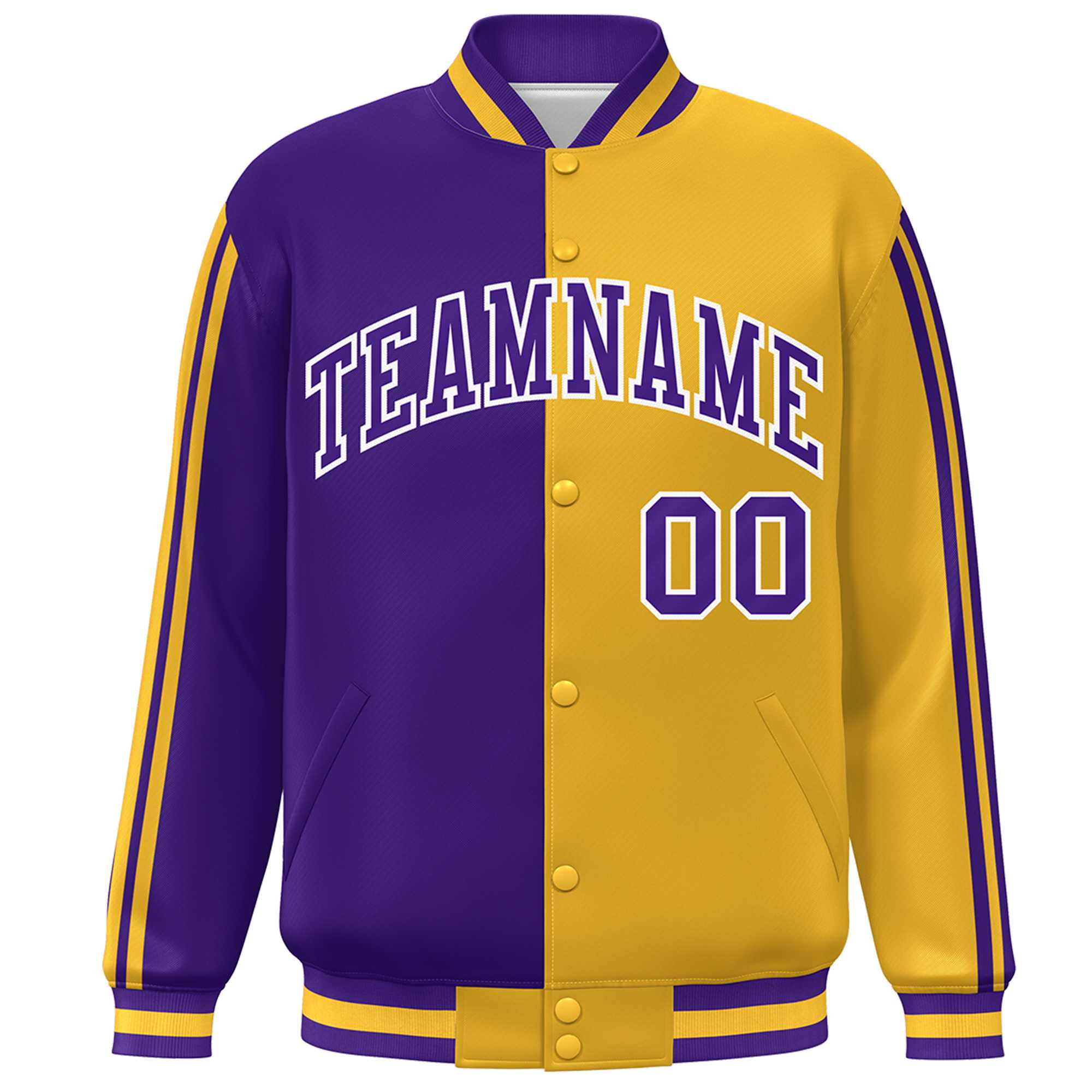 Custom Gold Purple-White Two Tone Color Block Bomber Varsity Baseball Jacket