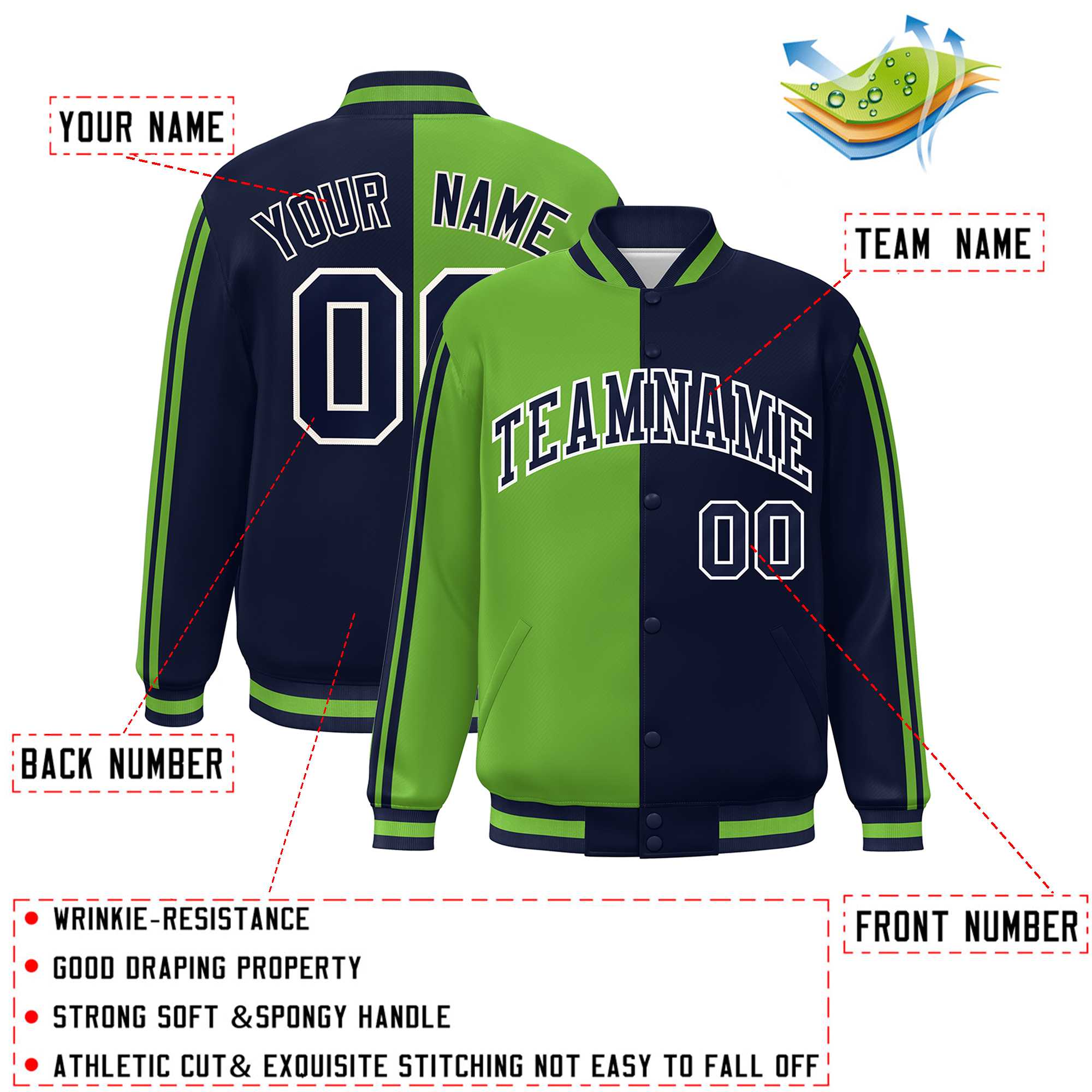 Custom Navy Neon Green-White Two Tone Color Block Bomber Varsity Baseball Jacket