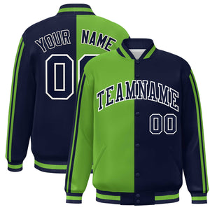 Custom Navy Neon Green-White Two Tone Color Block Bomber Varsity Baseball Jacket