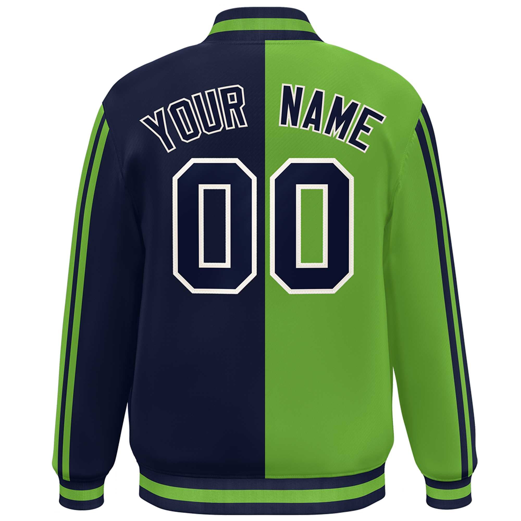 Custom Navy Neon Green-White Two Tone Color Block Bomber Varsity Baseball Jacket