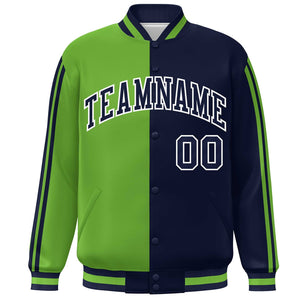 Custom Navy Neon Green-White Two Tone Color Block Bomber Varsity Baseball Jacket