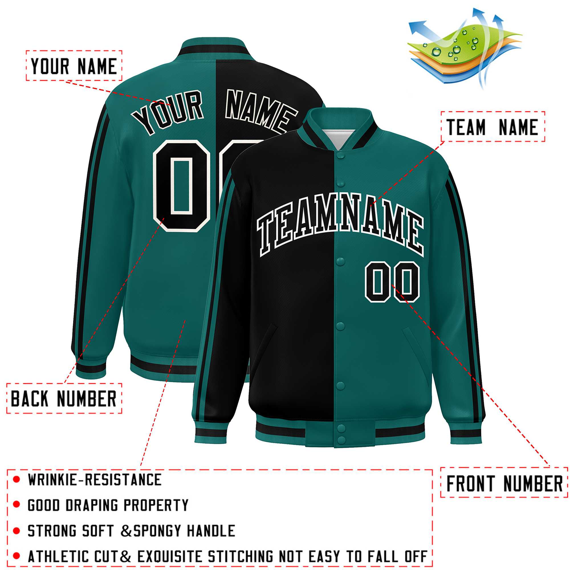 Custom Aqua Black-White Two Tone Color Block Bomber Varsity Baseball Jacket