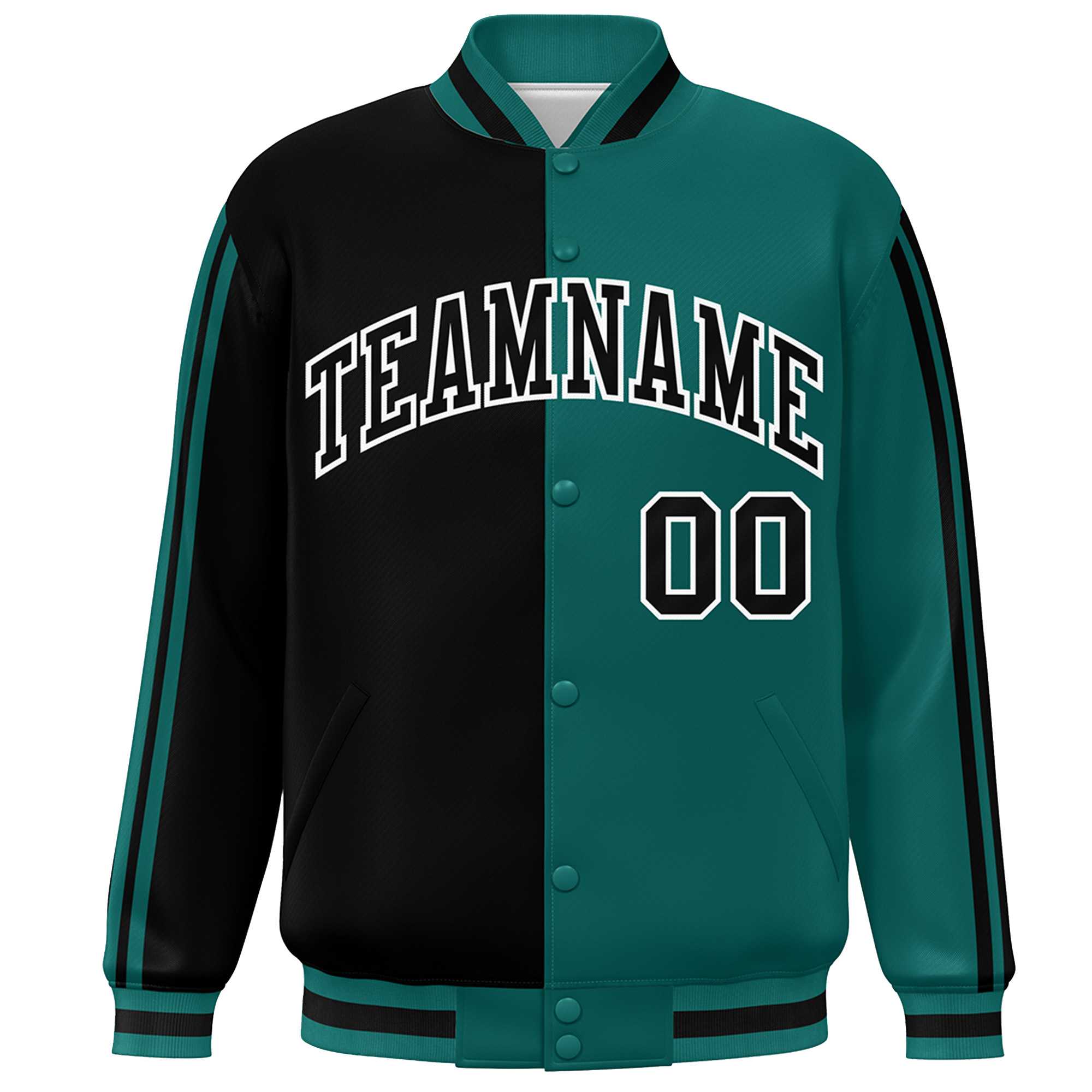 Custom Aqua Black-White Two Tone Color Block Bomber Varsity Baseball Jacket