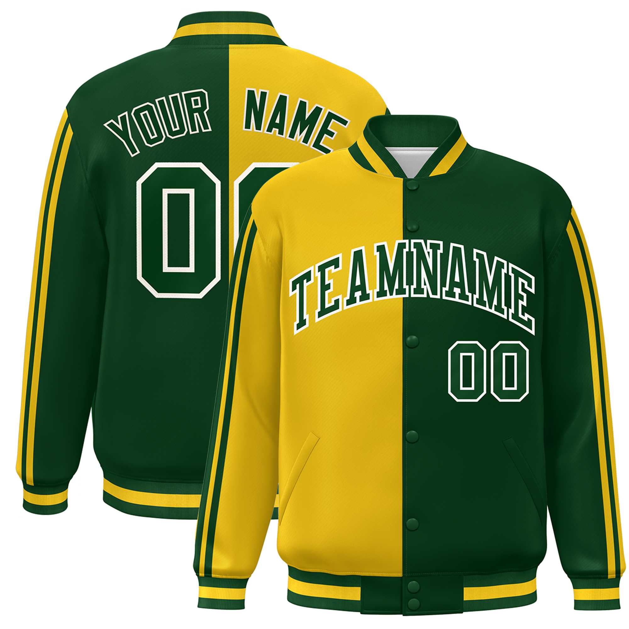 Custom Kelly Green Gold-White Two Tone Color Block Bomber Varsity Baseball Jacket