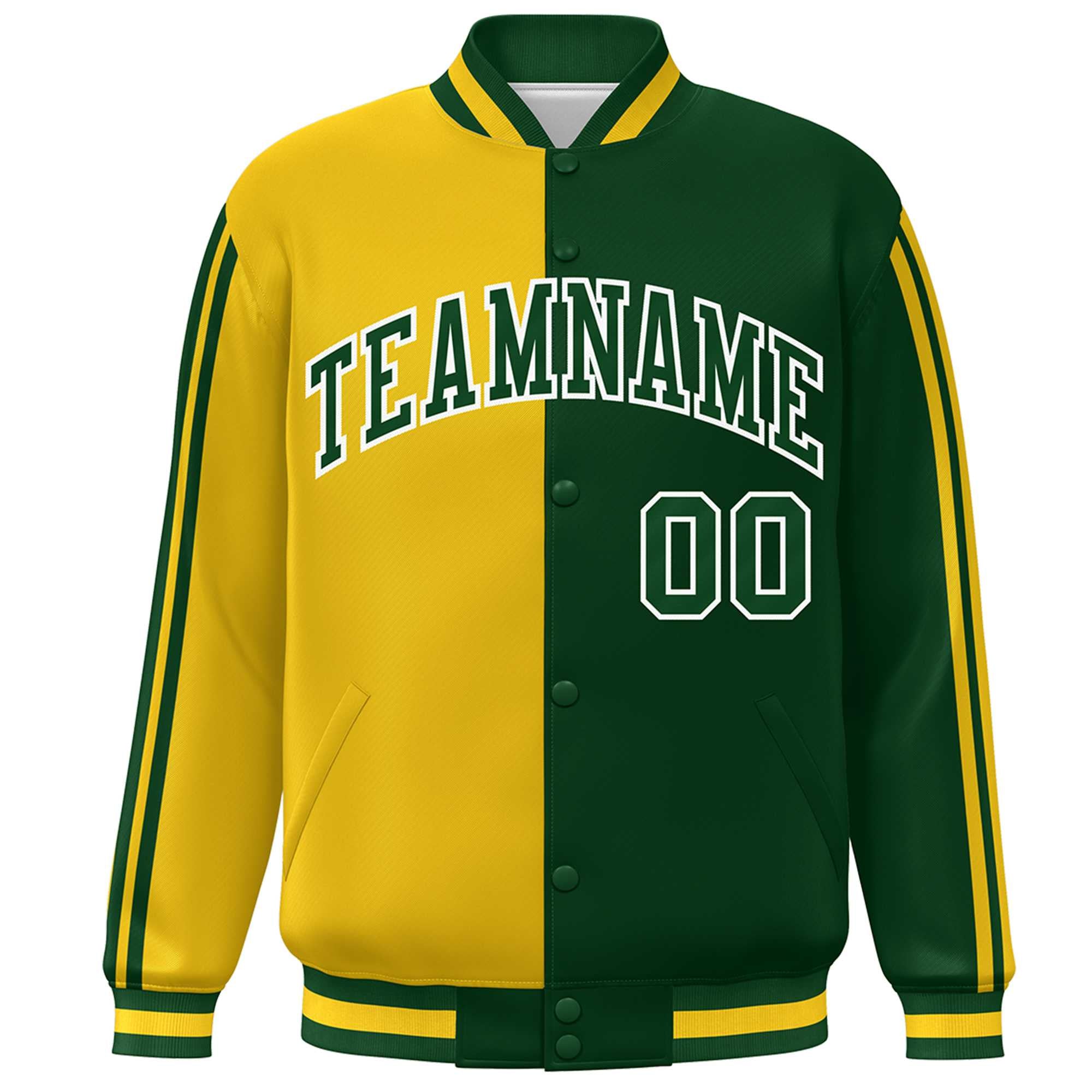 Custom Kelly Green Gold-White Two Tone Color Block Bomber Varsity Baseball Jacket