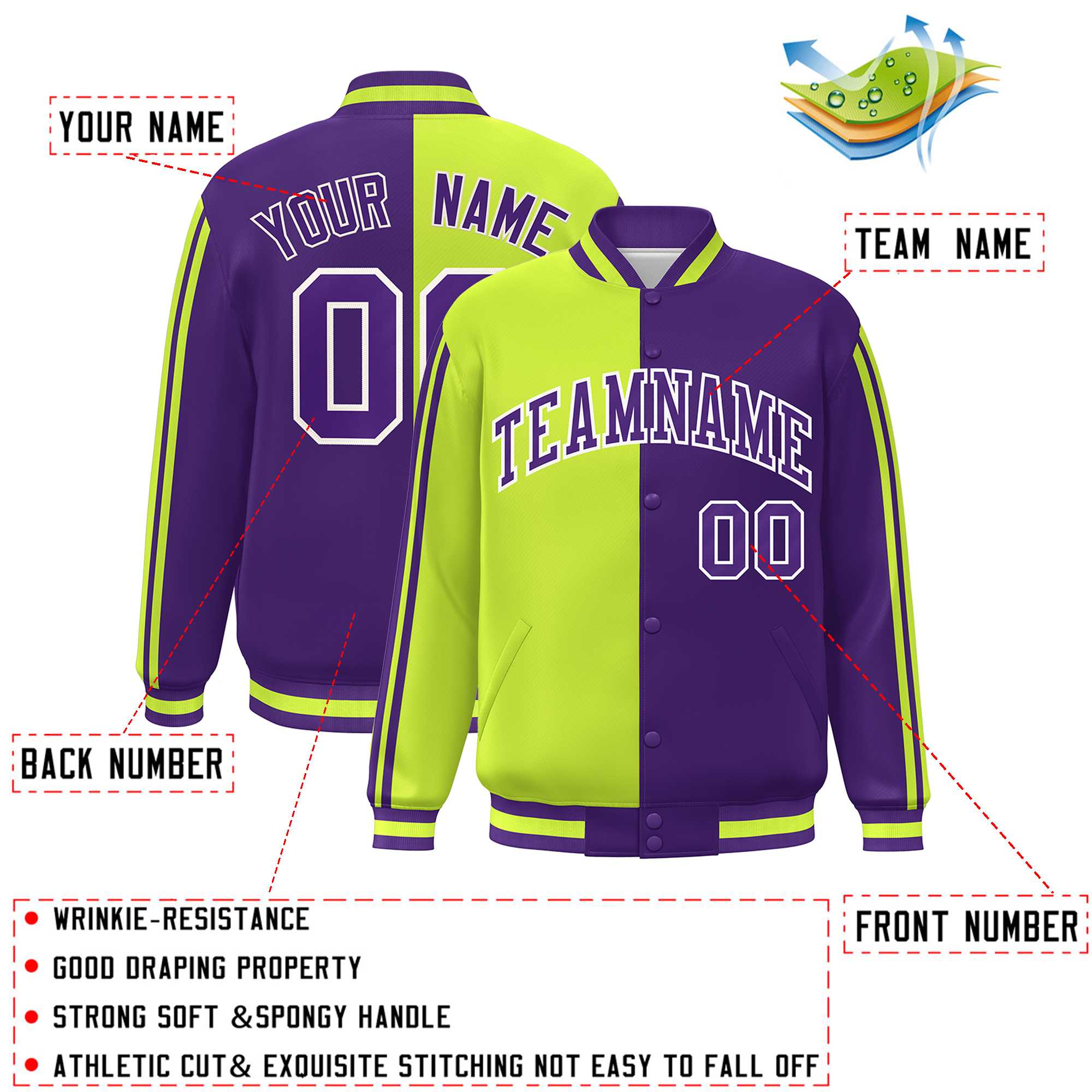 Custom Purple Neon Green-White Two Tone Color Block Bomber Varsity Baseball Jacket