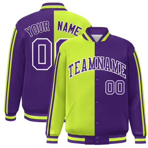 Custom Purple Neon Green-White Two Tone Color Block Bomber Varsity Baseball Jacket