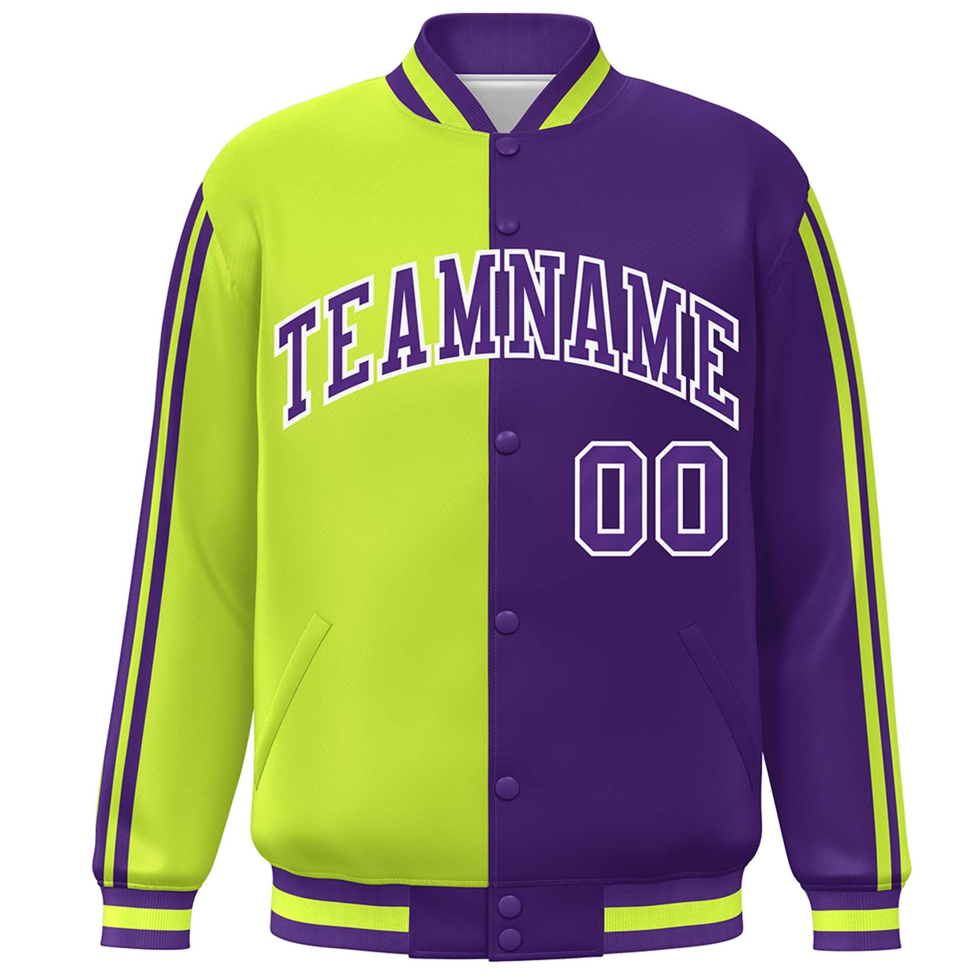 Custom Purple Neon Green-White Two Tone Color Block Bomber Varsity Baseball Jacket