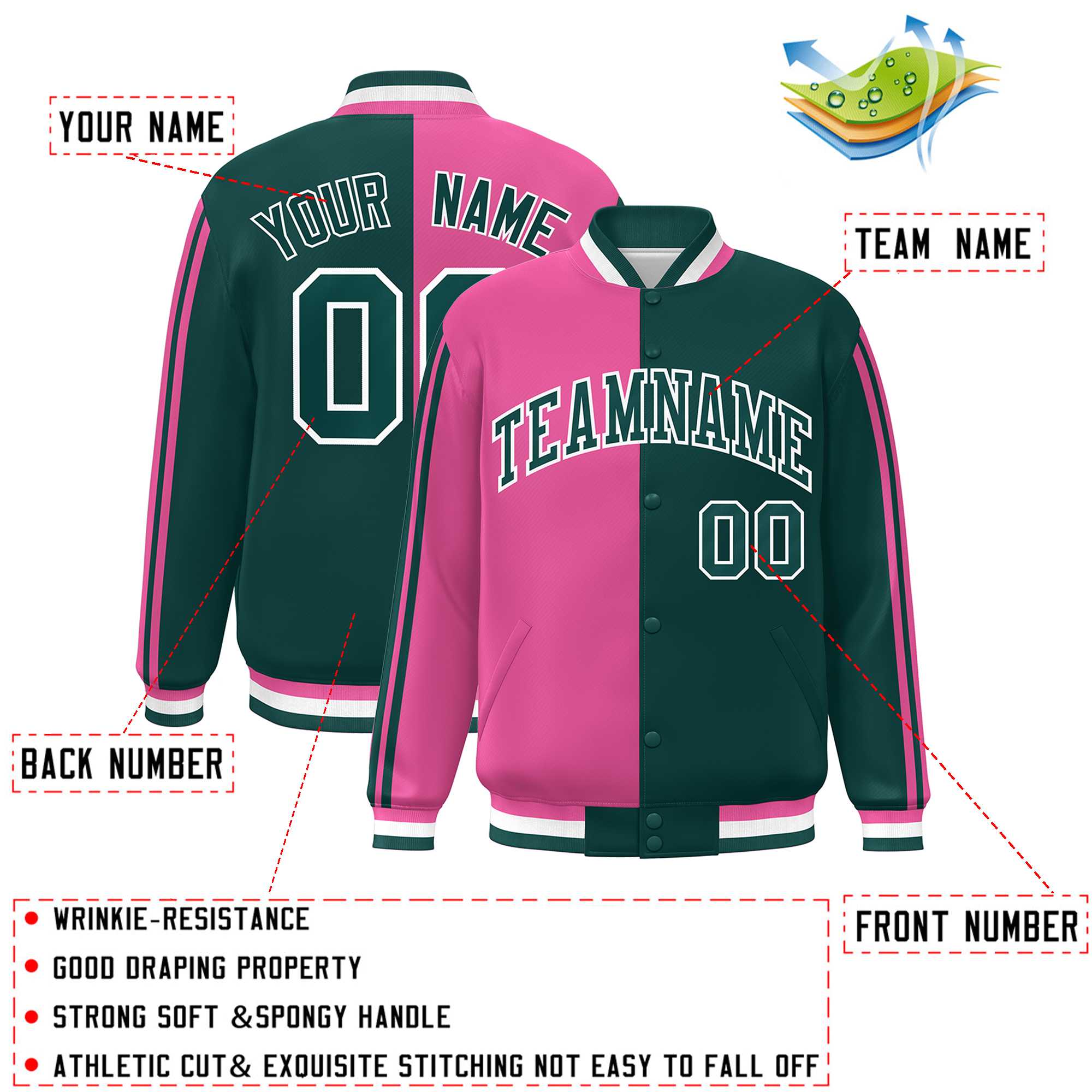 Custom Midnight Green Pink-White Two Tone Color Block Bomber Varsity Baseball Jacket