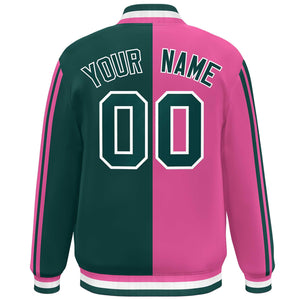 Custom Midnight Green Pink-White Two Tone Color Block Bomber Varsity Baseball Jacket