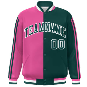 Custom Midnight Green Pink-White Two Tone Color Block Bomber Varsity Baseball Jacket