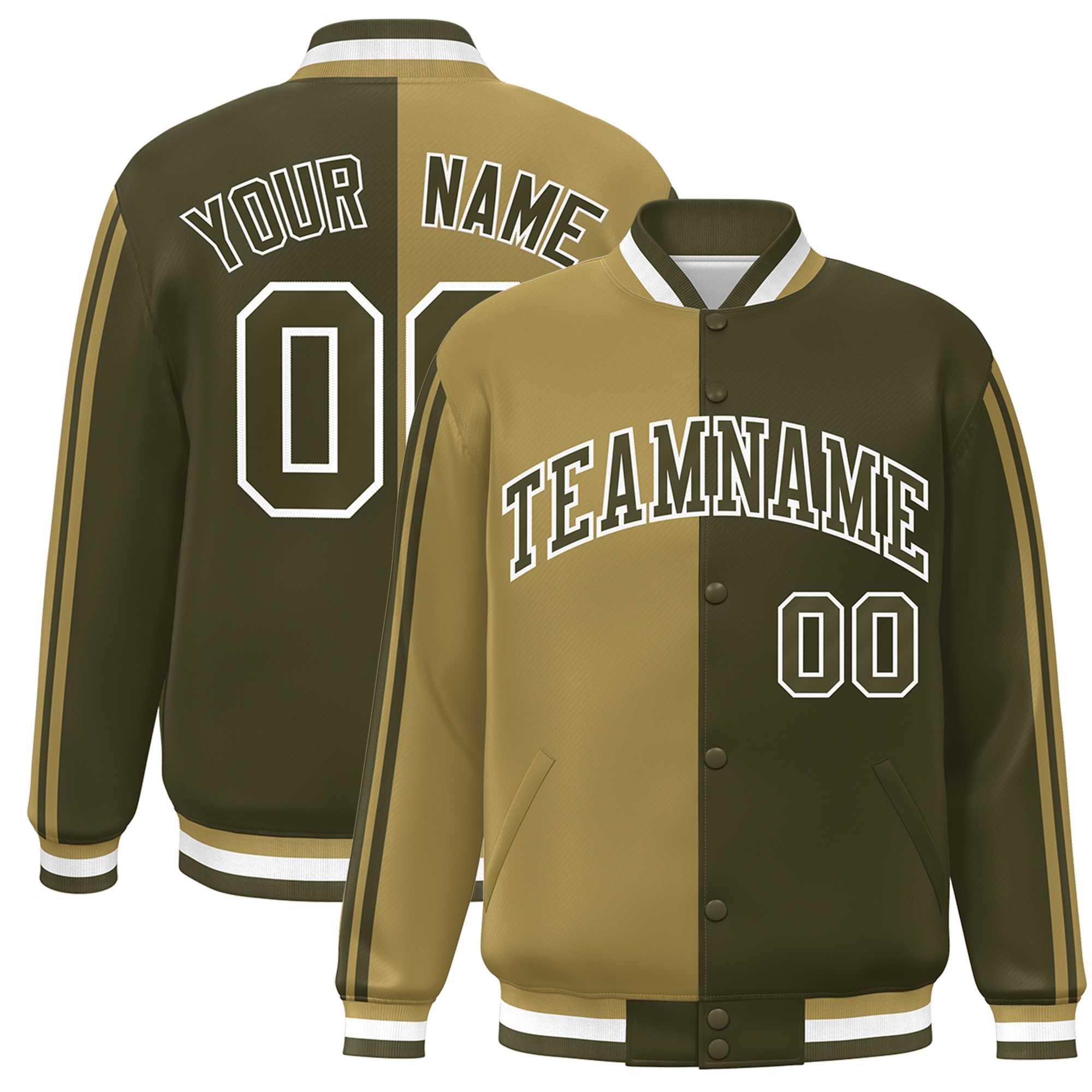 Custom Olive Desert Yellow-White Two Tone Color Block Bomber Varsity Baseball Jacket