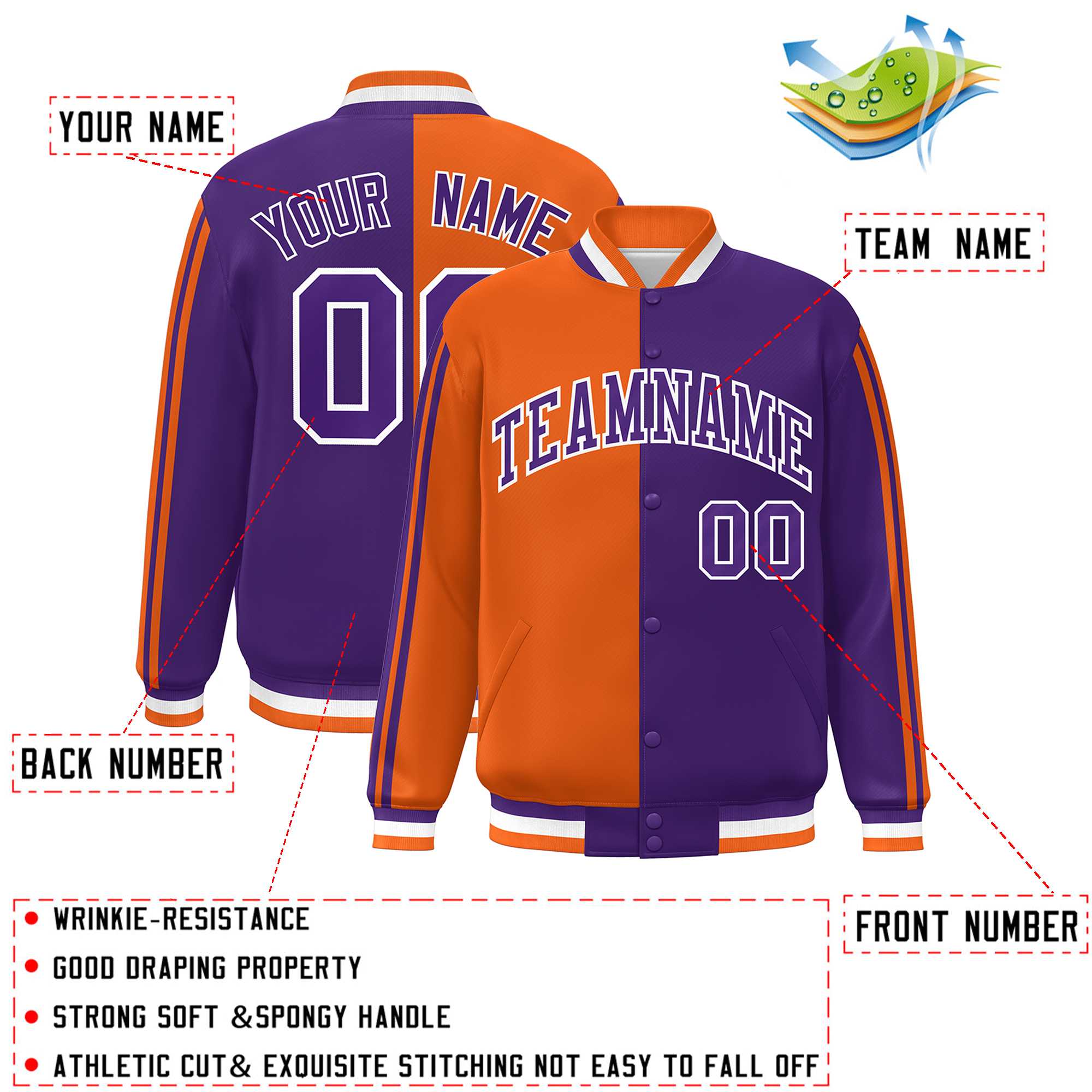 Custom Purple Orange-White Two Tone Color Block Bomber Varsity Baseball Jacket