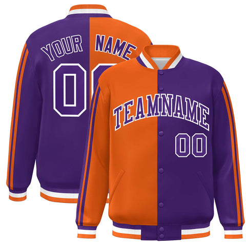 Custom Purple Orange-White Two Tone Color Block Bomber Varsity Baseball Jacket
