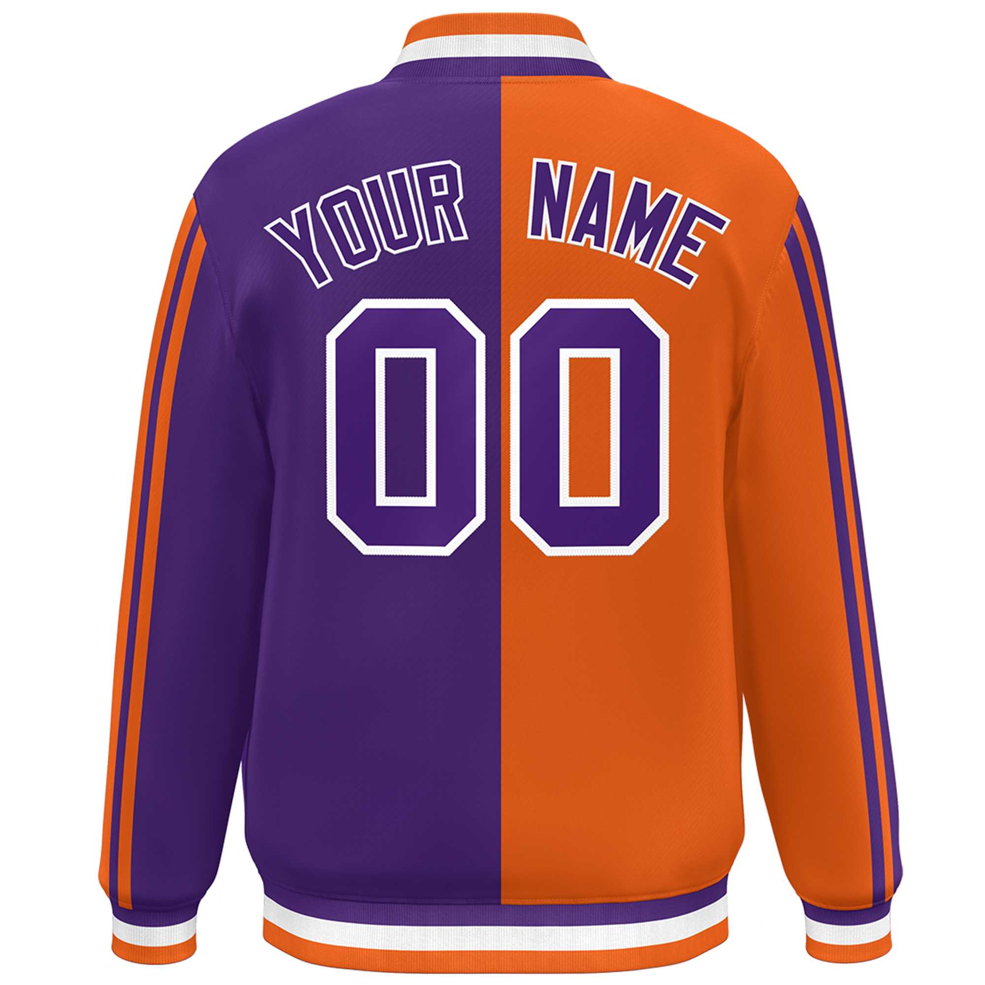 Custom Purple Orange-White Two Tone Color Block Bomber Varsity Baseball Jacket