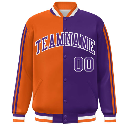 Custom Purple Orange-White Two Tone Color Block Bomber Varsity Baseball Jacket