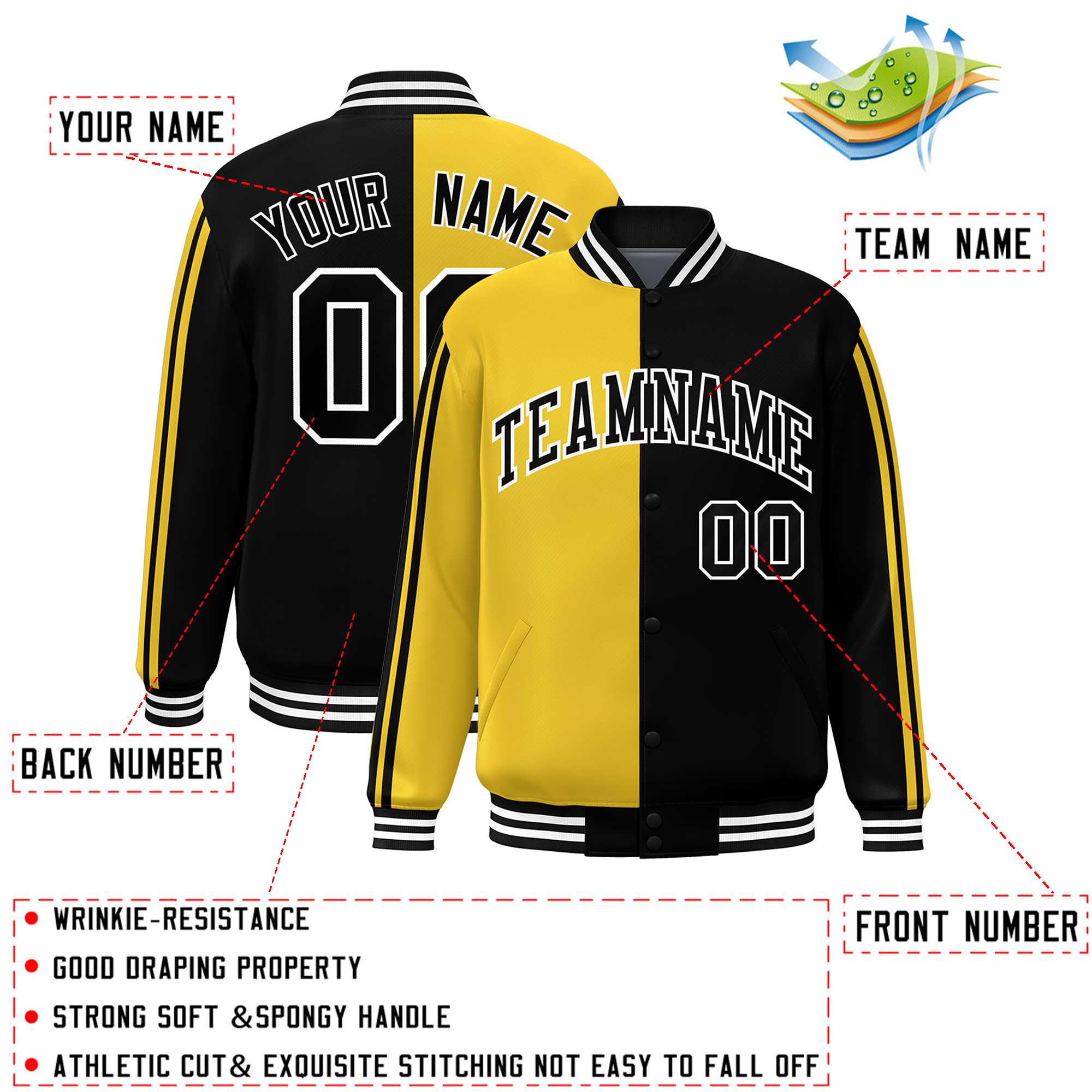 Custom Black Gold-White Two Tone Color Block Bomber Varsity Baseball Jacket