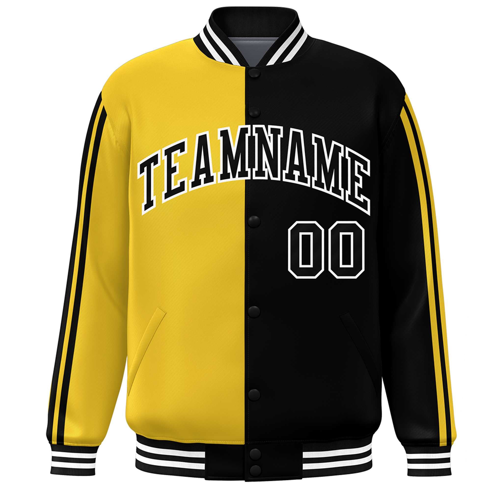 Custom Black Gold-White Two Tone Color Block Bomber Varsity Baseball Jacket