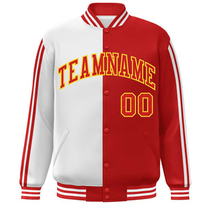 Custom Red White-Yellow Two Tone Color Block Bomber Varsity Baseball Jacket