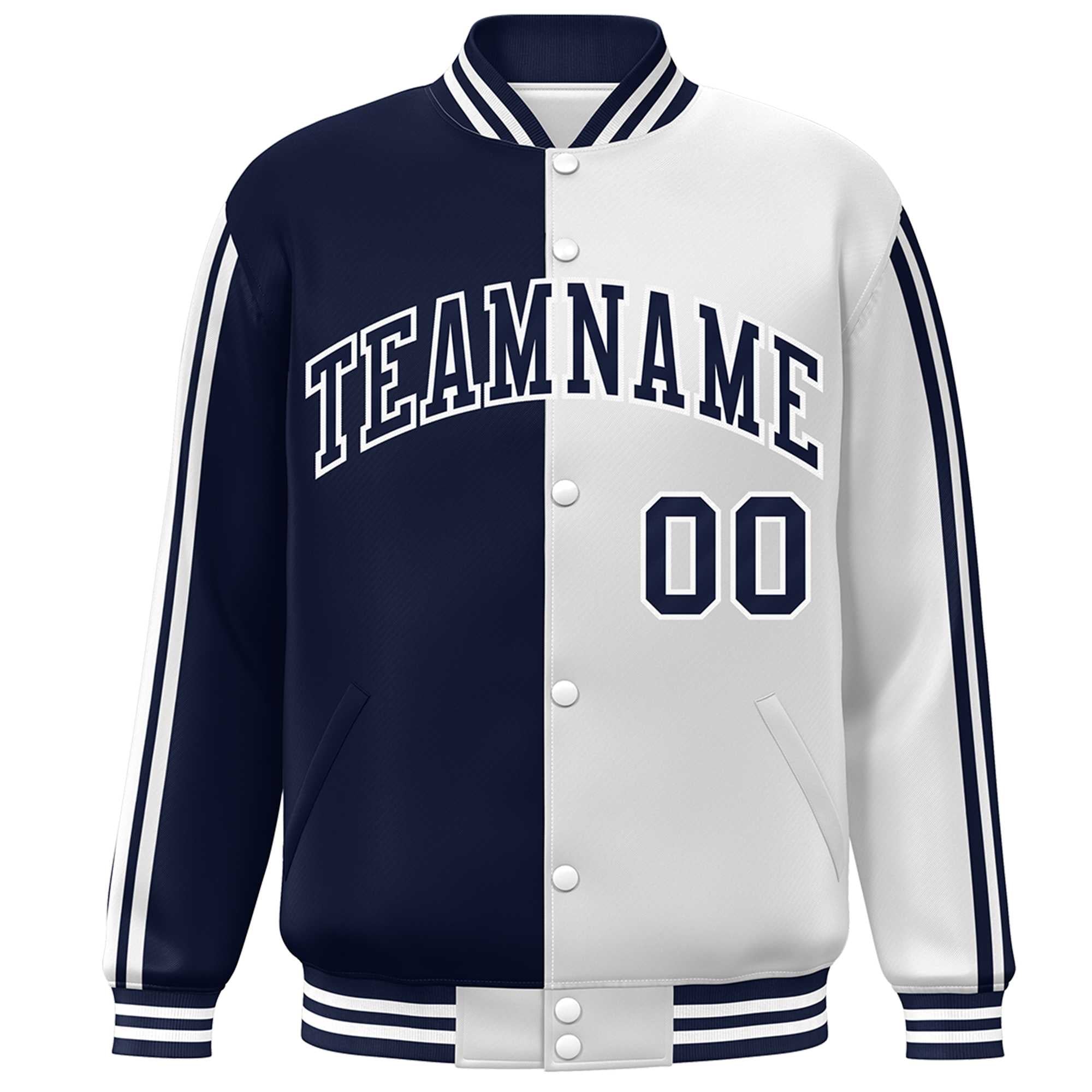 Custom White Navy Two Tone Color Block Bomber Varsity Baseball Jacket