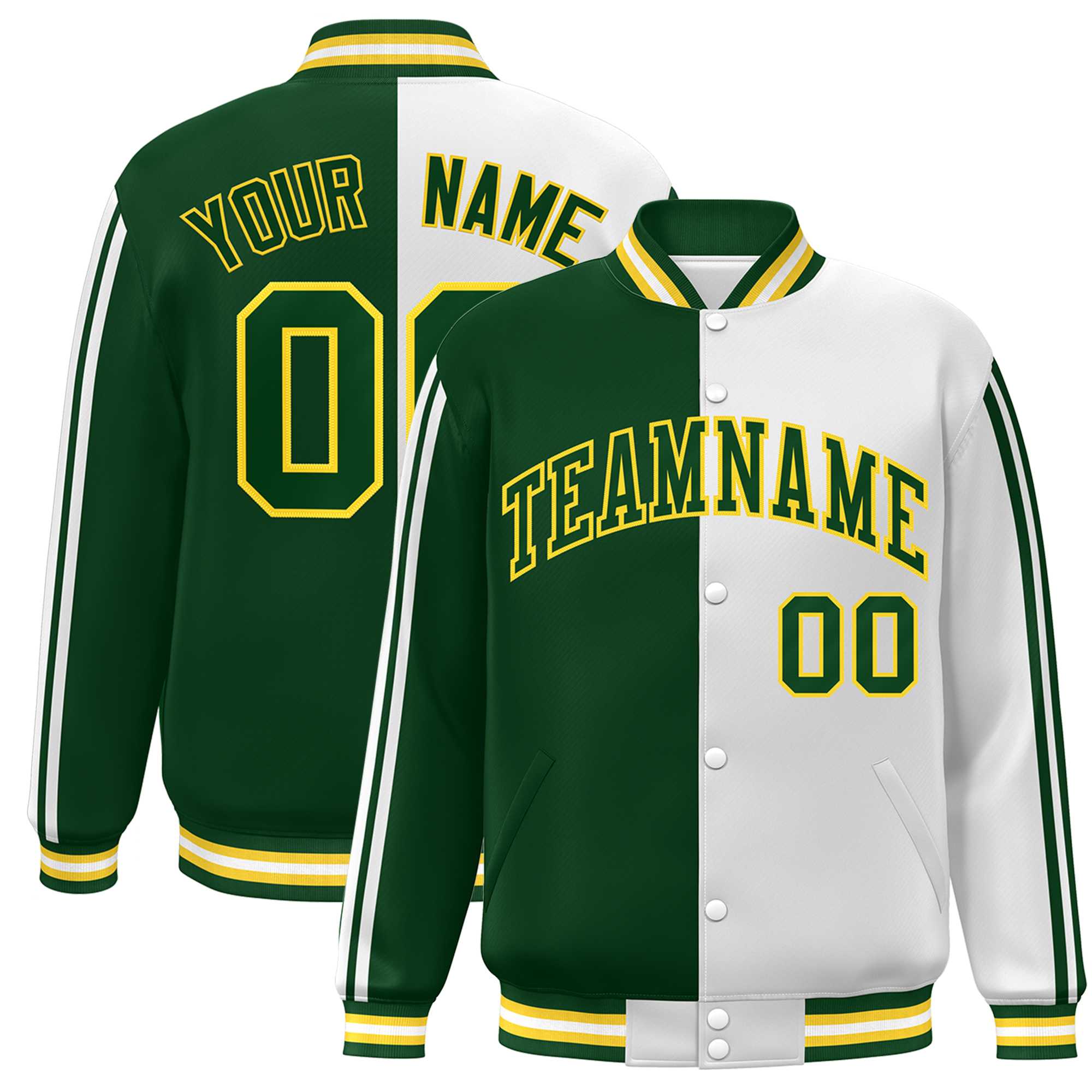 Custom Green White-Yellow Two Tone Color Block Bomber Varsity Baseball Jacket