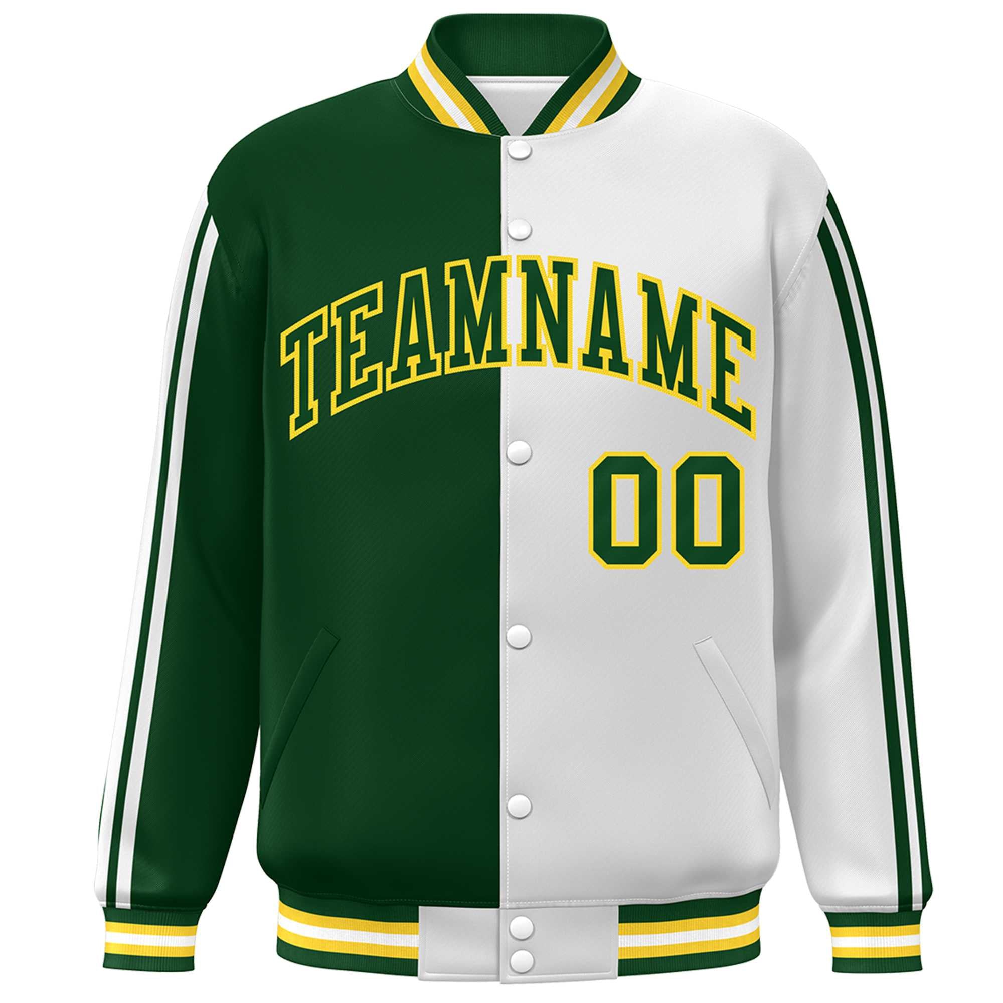 Custom Green White-Yellow Two Tone Color Block Bomber Varsity Baseball Jacket