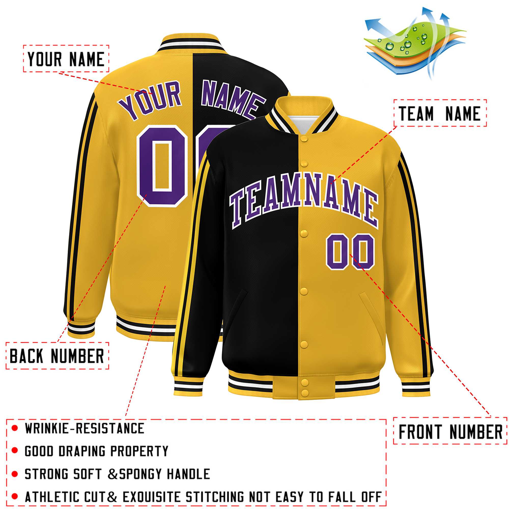 Custom Gold Black-White Two Tone Color Block Bomber Varsity Baseball Jacket