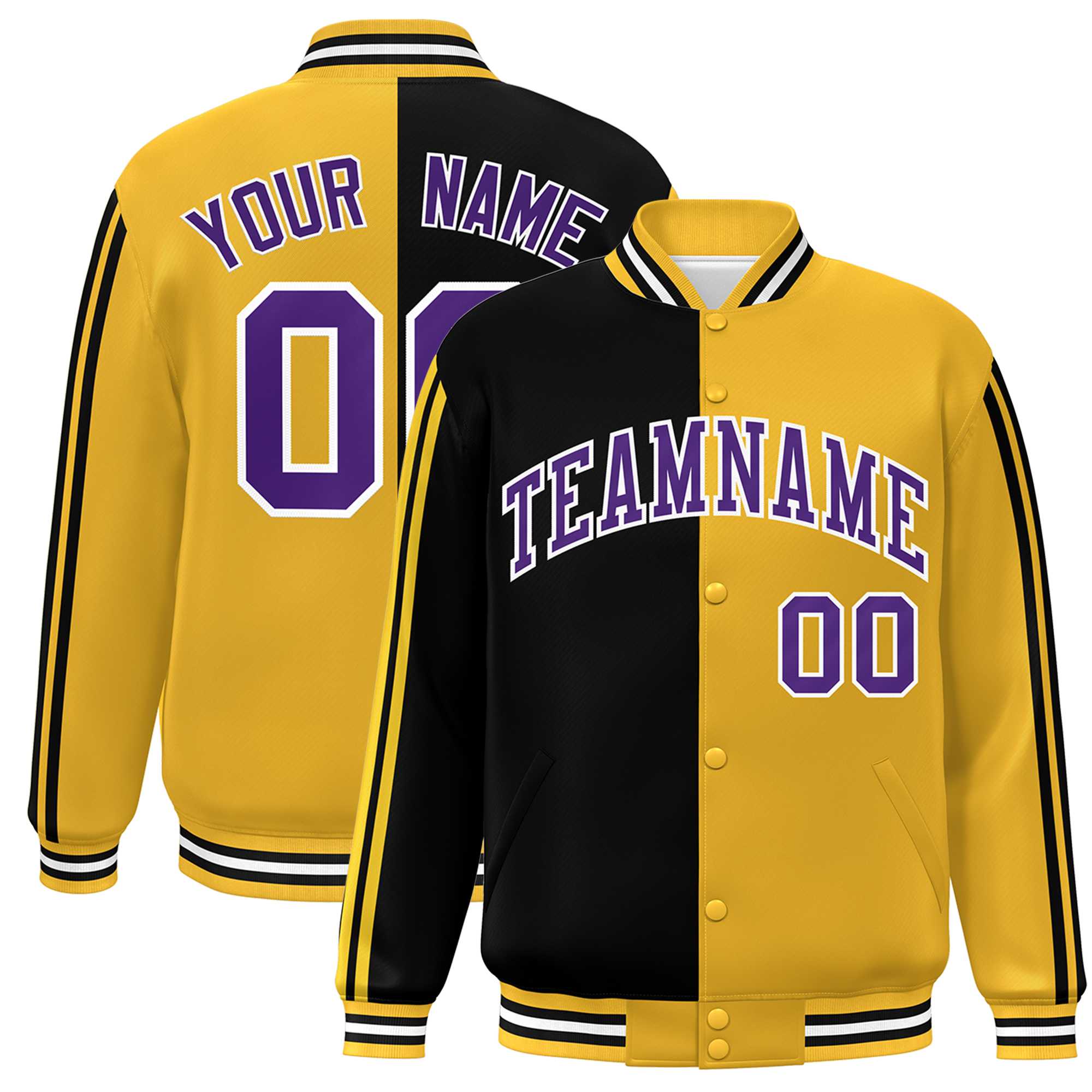 Custom Gold Black-White Two Tone Color Block Bomber Varsity Baseball Jacket