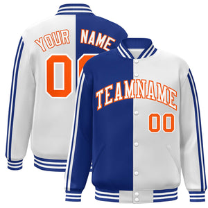 Custom White Royal-Orange Two Tone Color Block Bomber Varsity Baseball Jacket