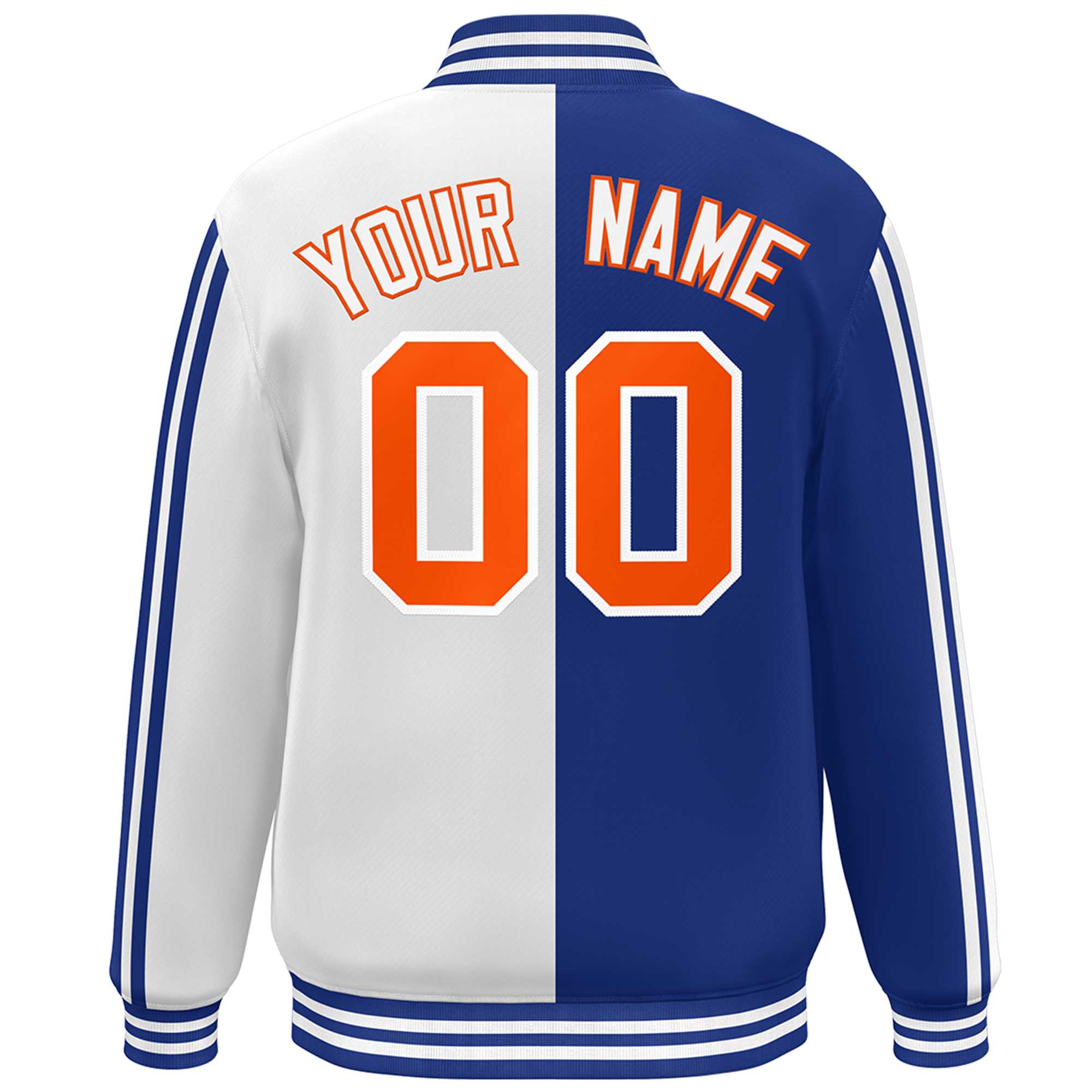 Custom White Royal-Orange Two Tone Color Block Bomber Varsity Baseball Jacket