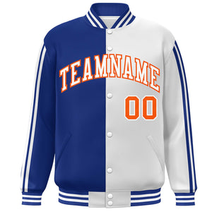 Custom White Royal-Orange Two Tone Color Block Bomber Varsity Baseball Jacket