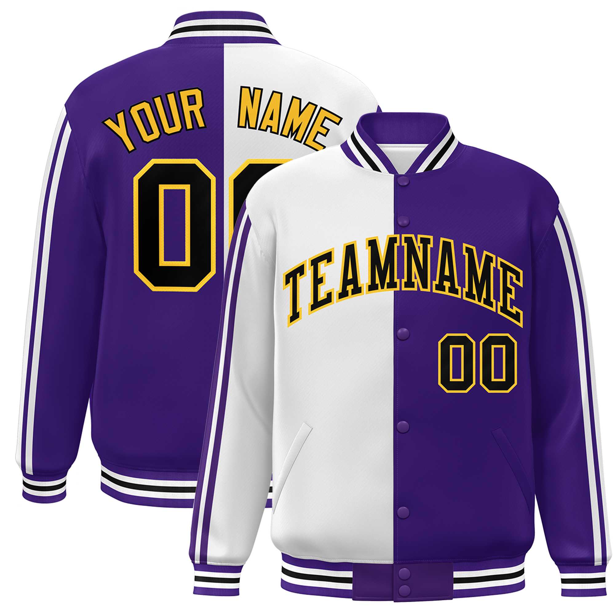 Custom Purple White-Black Two Tone Color Block Bomber Varsity Baseball Jacket