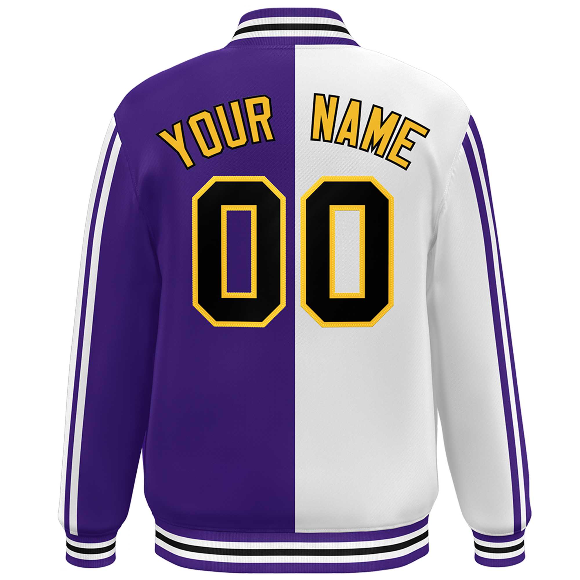 Custom Purple White-Black Two Tone Color Block Bomber Varsity Baseball Jacket