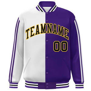 Custom Purple White-Black Two Tone Color Block Bomber Varsity Baseball Jacket