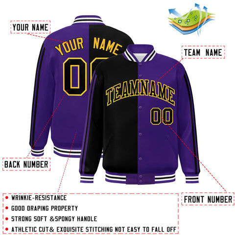 Custom Purple Black-Yellow Two Tone Color Block Bomber Varsity Baseball Jacket