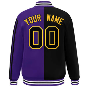 Custom Purple Black-Yellow Two Tone Color Block Bomber Varsity Baseball Jacket