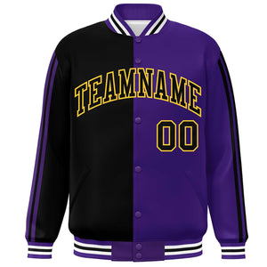 Custom Purple Black-Yellow Two Tone Color Block Bomber Varsity Baseball Jacket