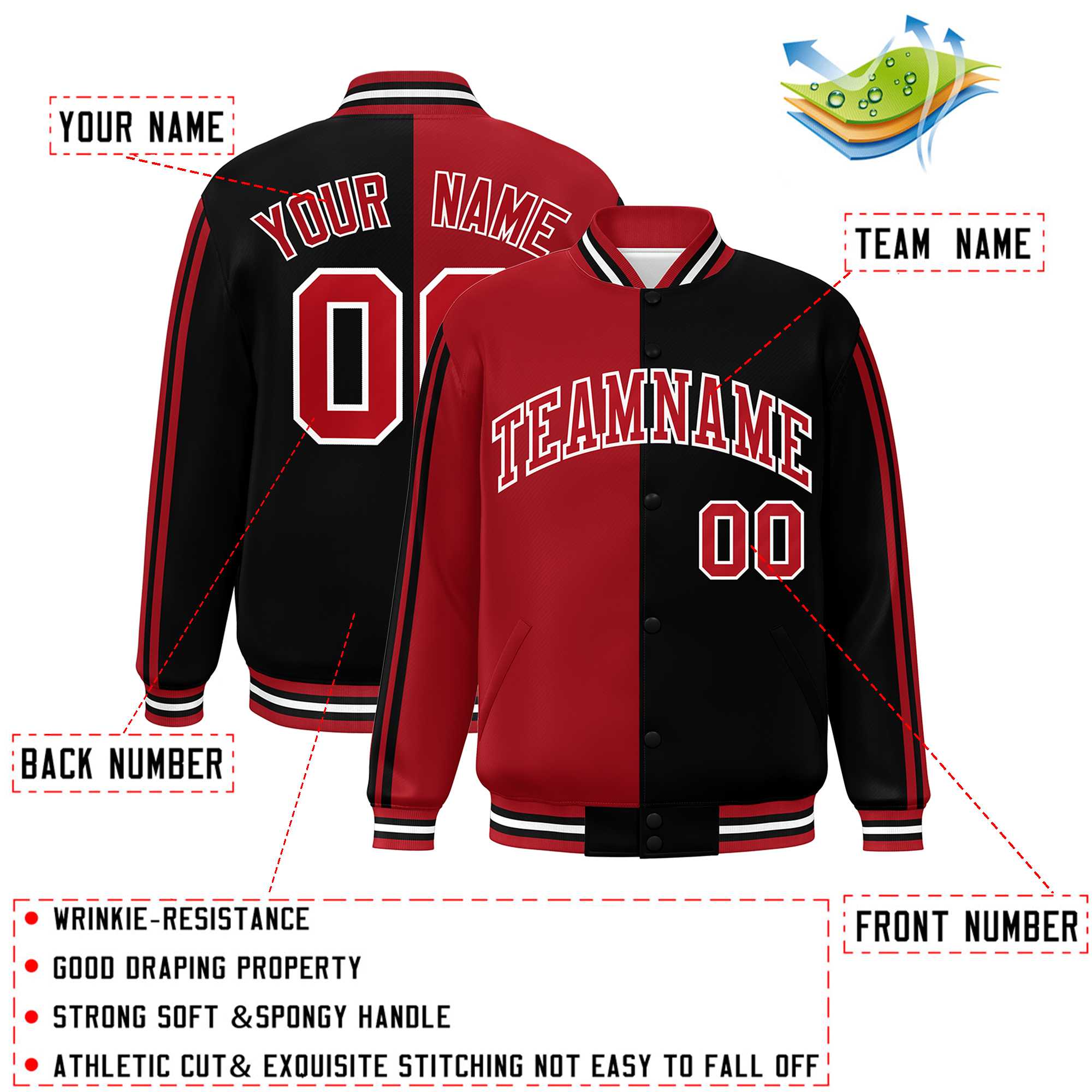 Custom Black Red-White Two Tone Color Block Bomber Varsity Baseball Jacket