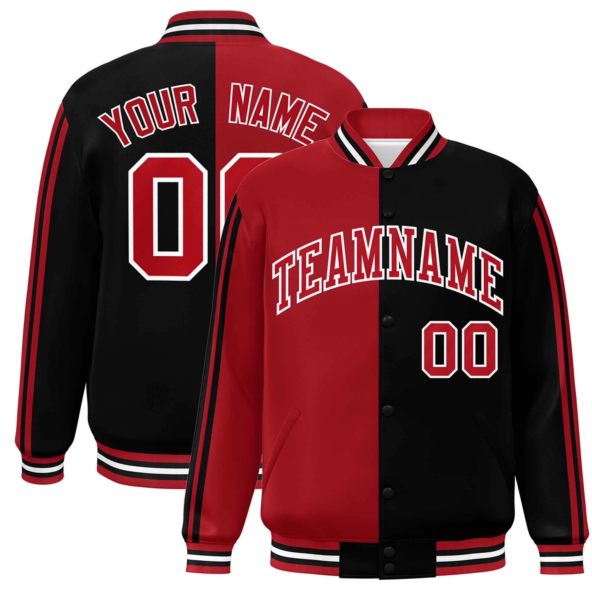 Custom Black Red-White Two Tone Color Block Bomber Varsity Baseball Jacket