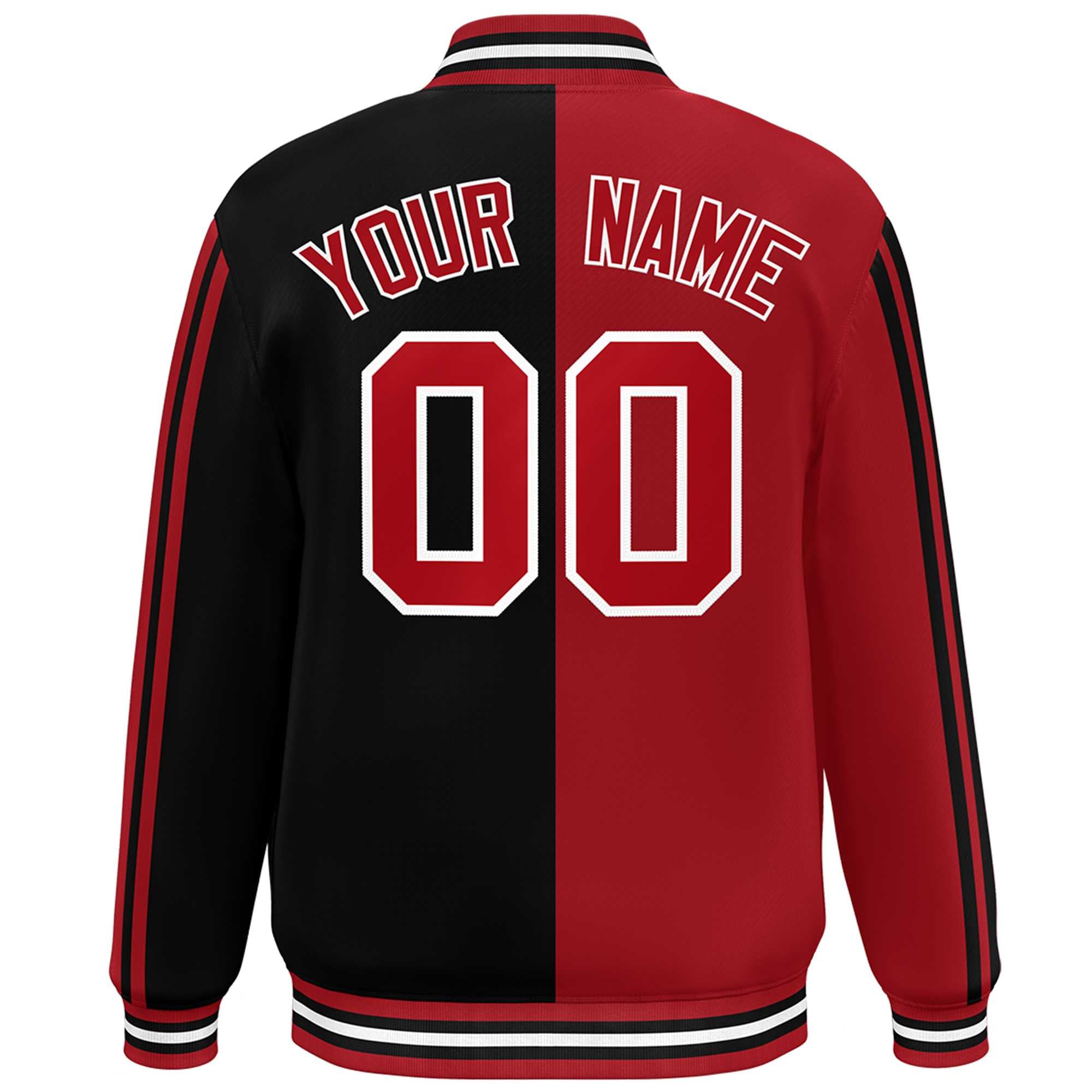 Custom Black Red-White Two Tone Color Block Bomber Varsity Baseball Jacket