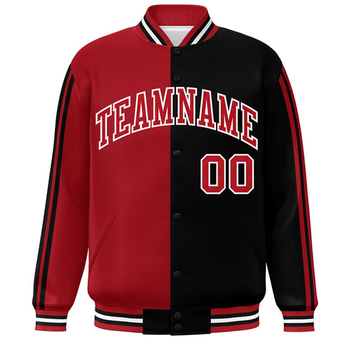 Custom Black Red-White Two Tone Color Block Bomber Varsity Baseball Jacket